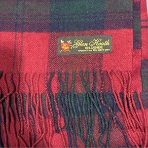 VINTAGE Glen Heath 100% Cashmere Scarf Plaid Made in USA Burgundy Blue Green